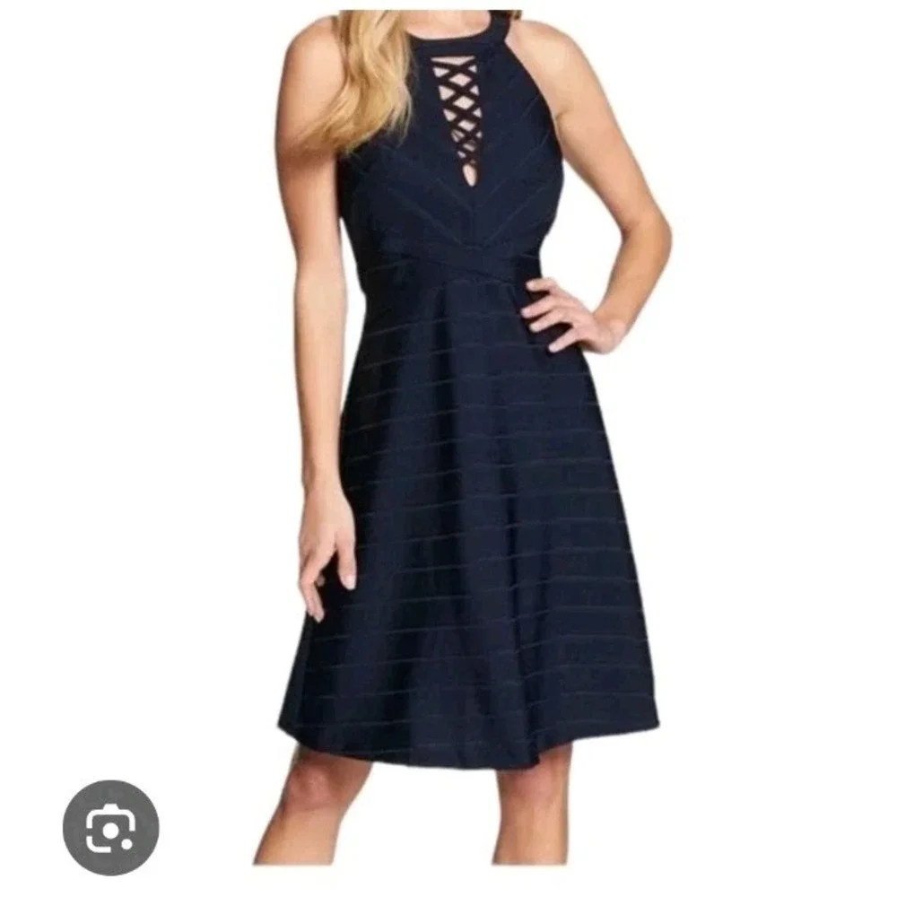 Guess Navy Blue Halter Lattice Neck Bandage Flare Cocktail Dress GDKP2467 Size 8 - Picture 2 of 13
